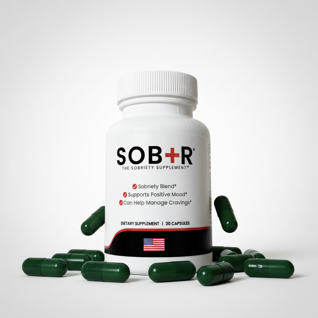 Bottle of SOB+R sobriety supplement with green capsules on a white background