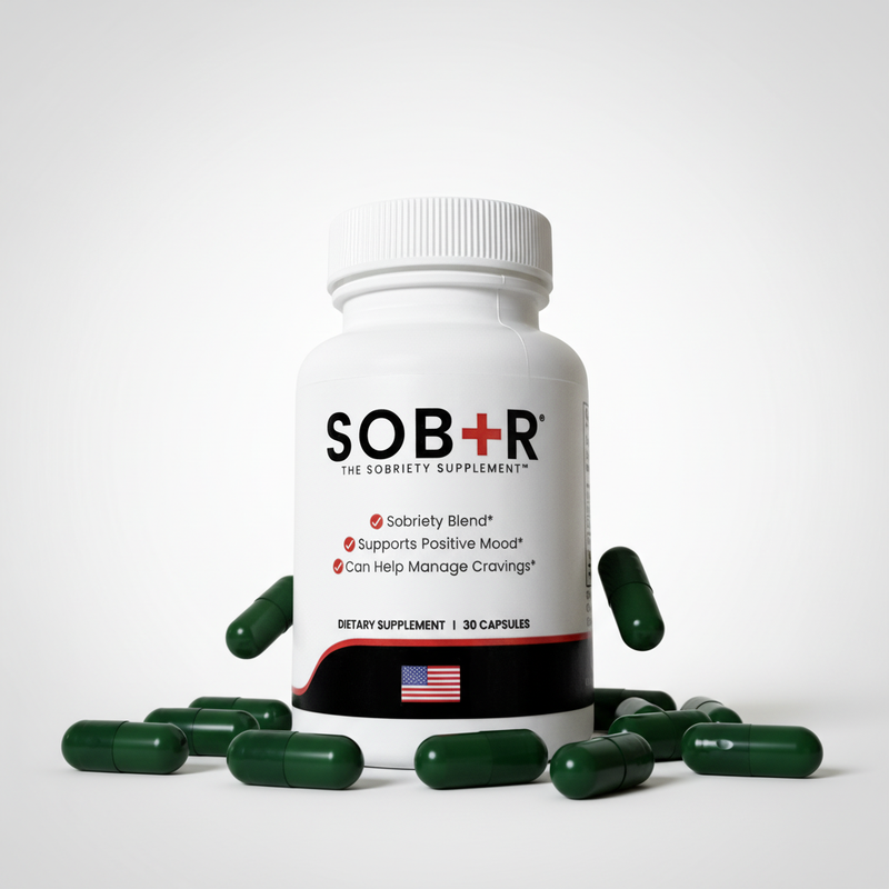 Bottle of SOB+R sobriety supplement with green capsules on a white background